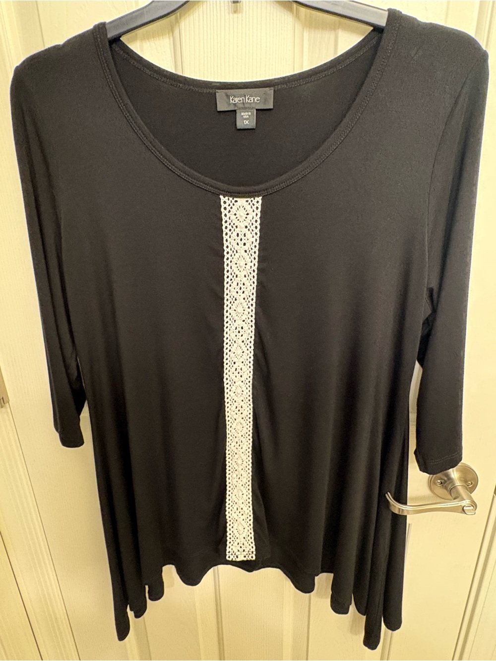 1X- Karen Kane Black Scoop Neck Top with Off White Crochet Lace Trim